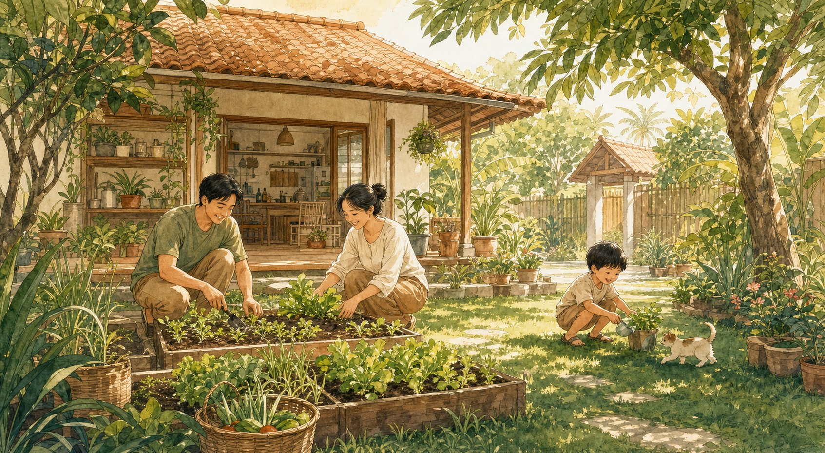 Ilustrasi keluarga menikmati slow living di rumah asri dengan halaman yang hijau dan tenang.